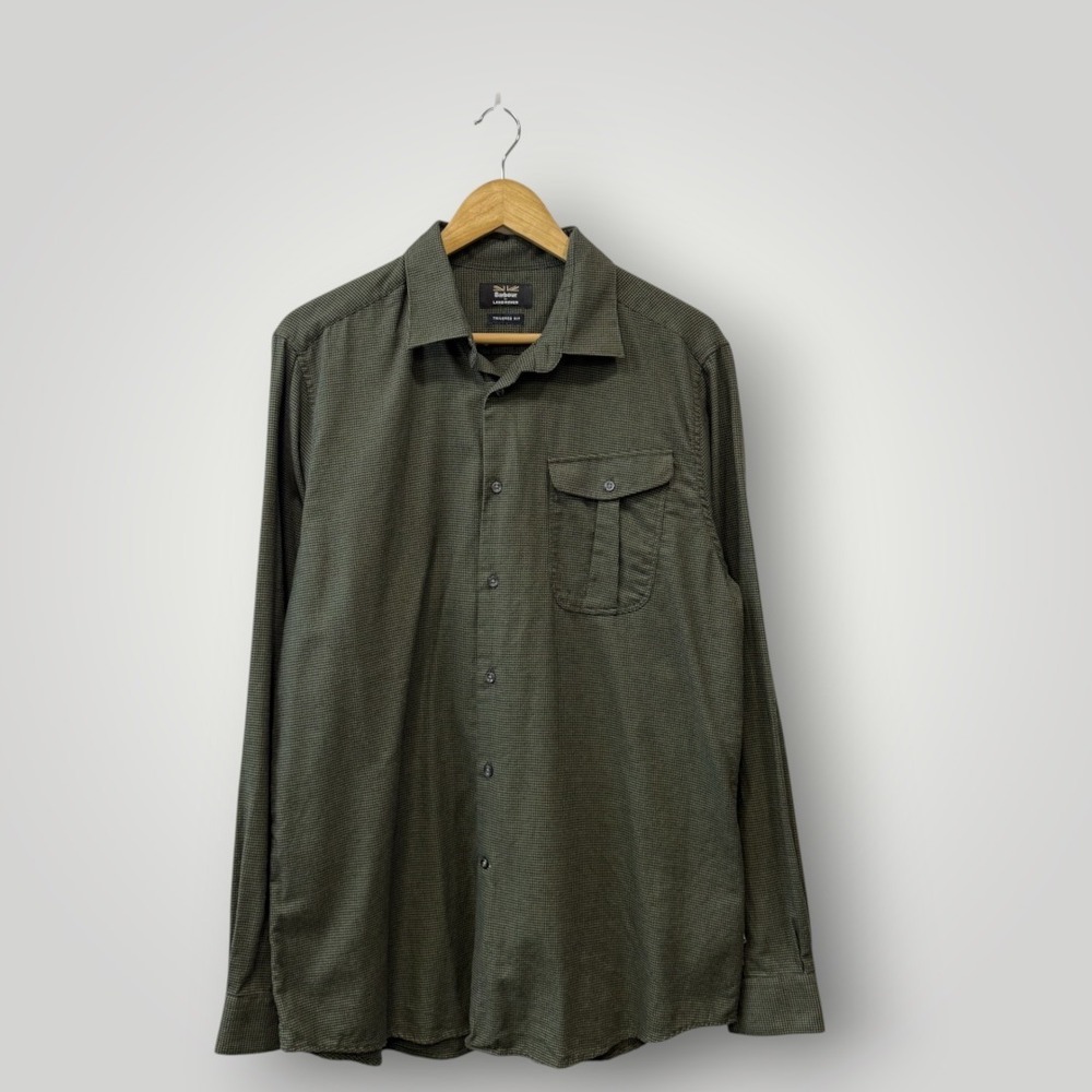 Barbour for Land Rover Mens Selside Houndstooth Shirt Olive Green  M